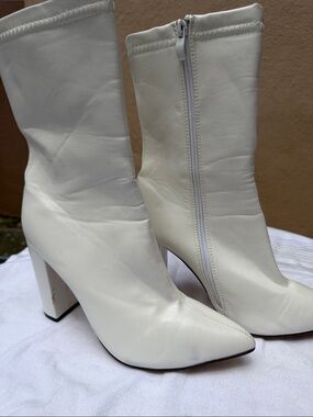 Fashion Nova White Pointed Toe Mid-Calf Block Heel Boots